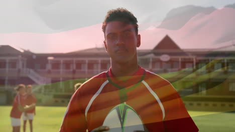 animación de la bandera de alemania sobre varios jugadores de rugby masculinos