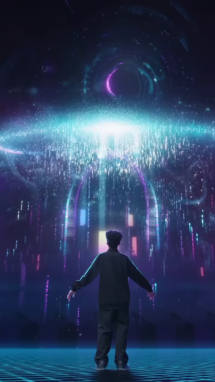 Young Man Exploring Immersive Virtual Reality Metaverse with VR Headset