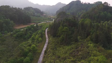 fly over a peaceful ha giang village in vietnam, with mist-shrouded rice fields, winding rural roads, and lush green landscapes. experience the quiet beauty from the sky.