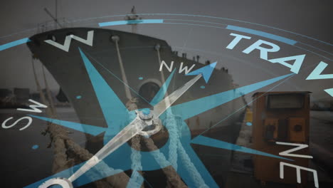 animation of compass with arrow pointing to travel text over ship in dock