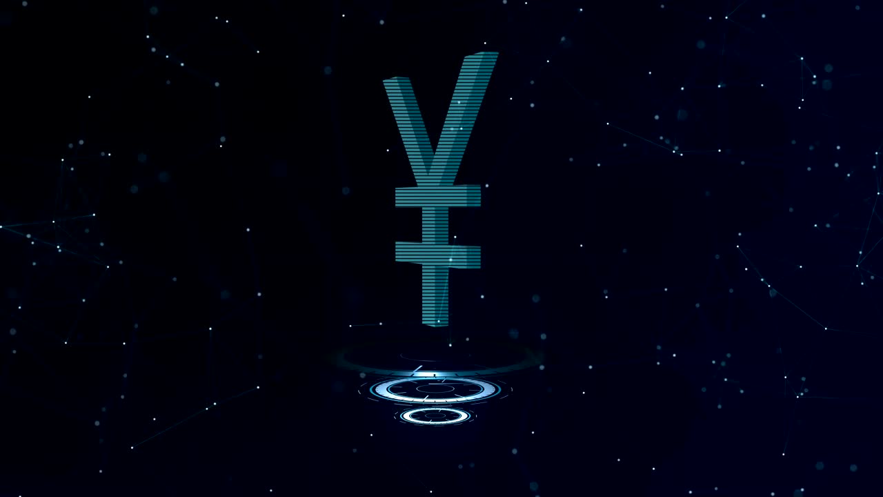 3d 일본 엔 기호: 인터넷 연결과 함께 우주 파란 사이버 공간 배경, 엔은 세 개의 가상 반이는 원에 있습니다.