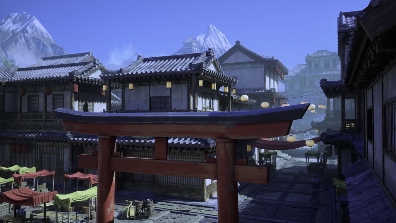 Traditional architecture in a serene japanese town under clear skies