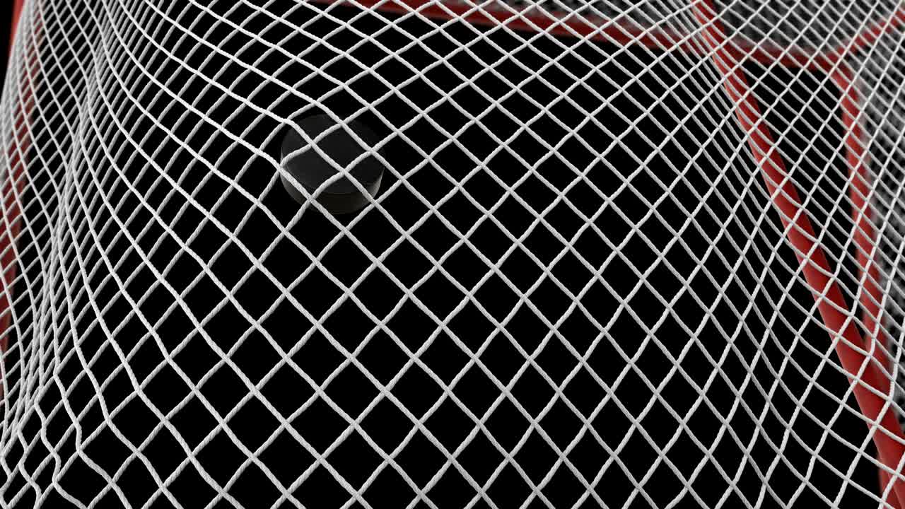 Hockey Puck Flying into Goal Net in Slow Motion on Black Background with Green Screen. Close-up Goal Moment. Beautiful 3d animation with Alpha Mask. Sport Concept.