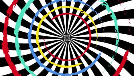 Animación-De-Múltiples-Círculos-Coloridos-En-Movimiento-Sobre-Fondo-Blanco-Y-Negro