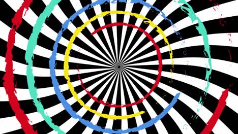 animation of multiple colourful moving circles on black and white background