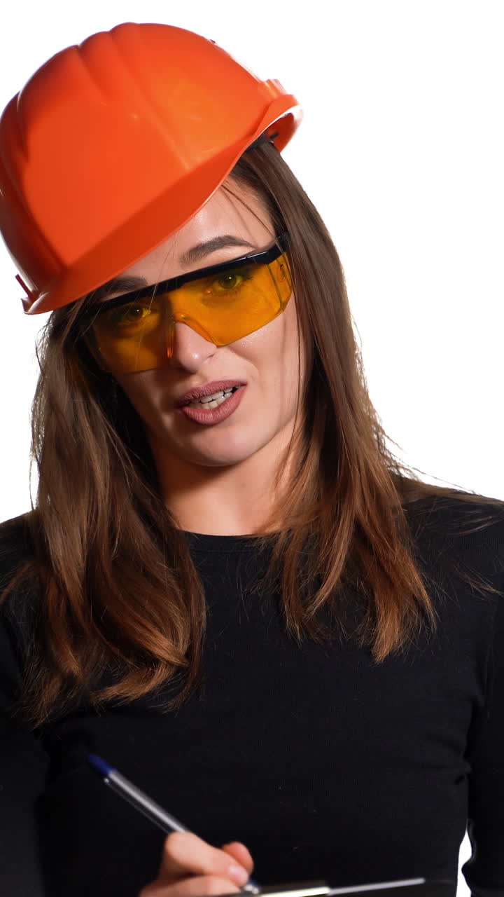 Female construction engineer. Woman builder isolated portrait with protect helmet. Vertical video