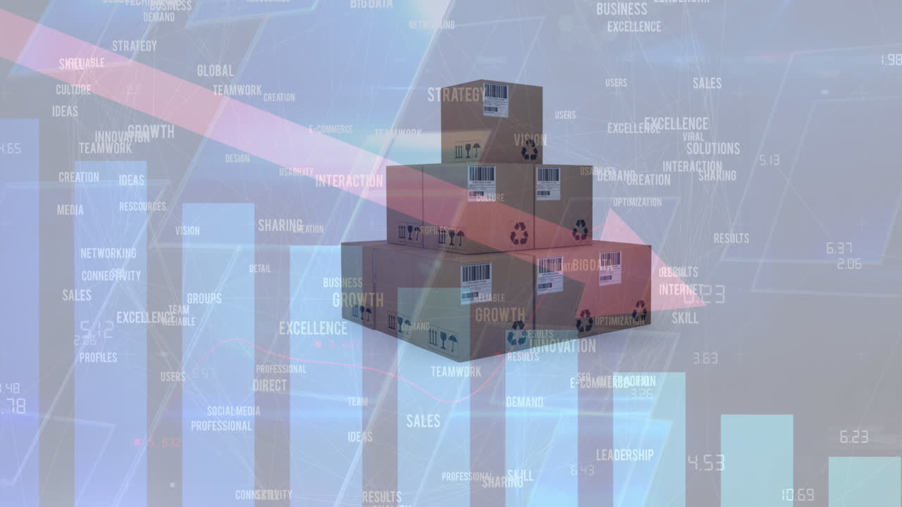 카드보드 상자 위에서 통계 및 데이터 처리와 함께 내려오는 빨간 화살표의 애니메이션