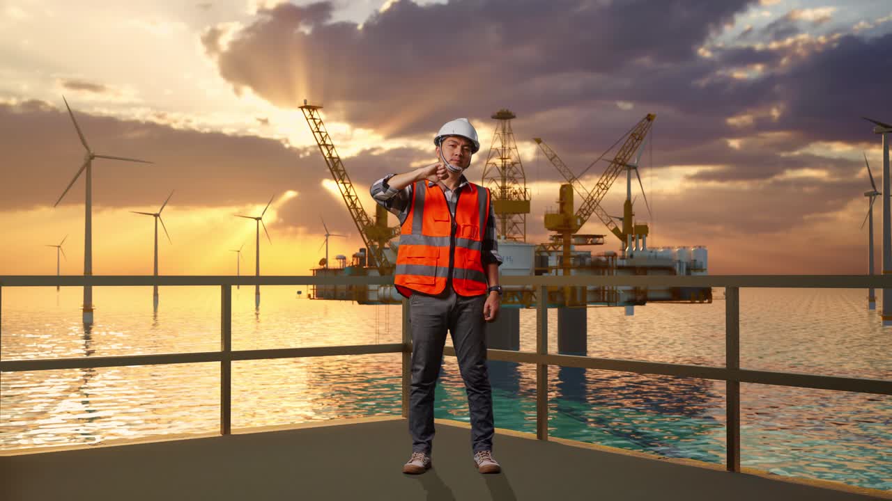 cuerpo lleno de ingeniero masculino asiático con casco de seguridad mostrando pulgares hacia abajo gesto y sacudiendo la cabeza mientras estaba de pie con la producción de hidrógeno en alta mar