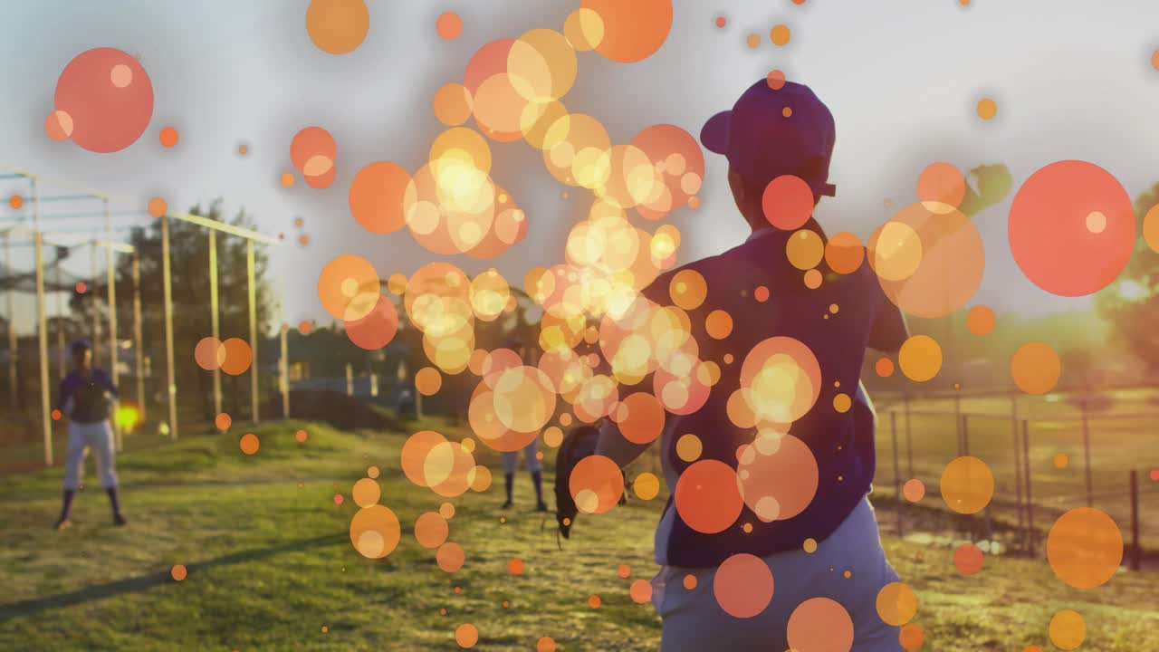 Female pitcher releasing glowing baseball toward teammates catching during sports practice