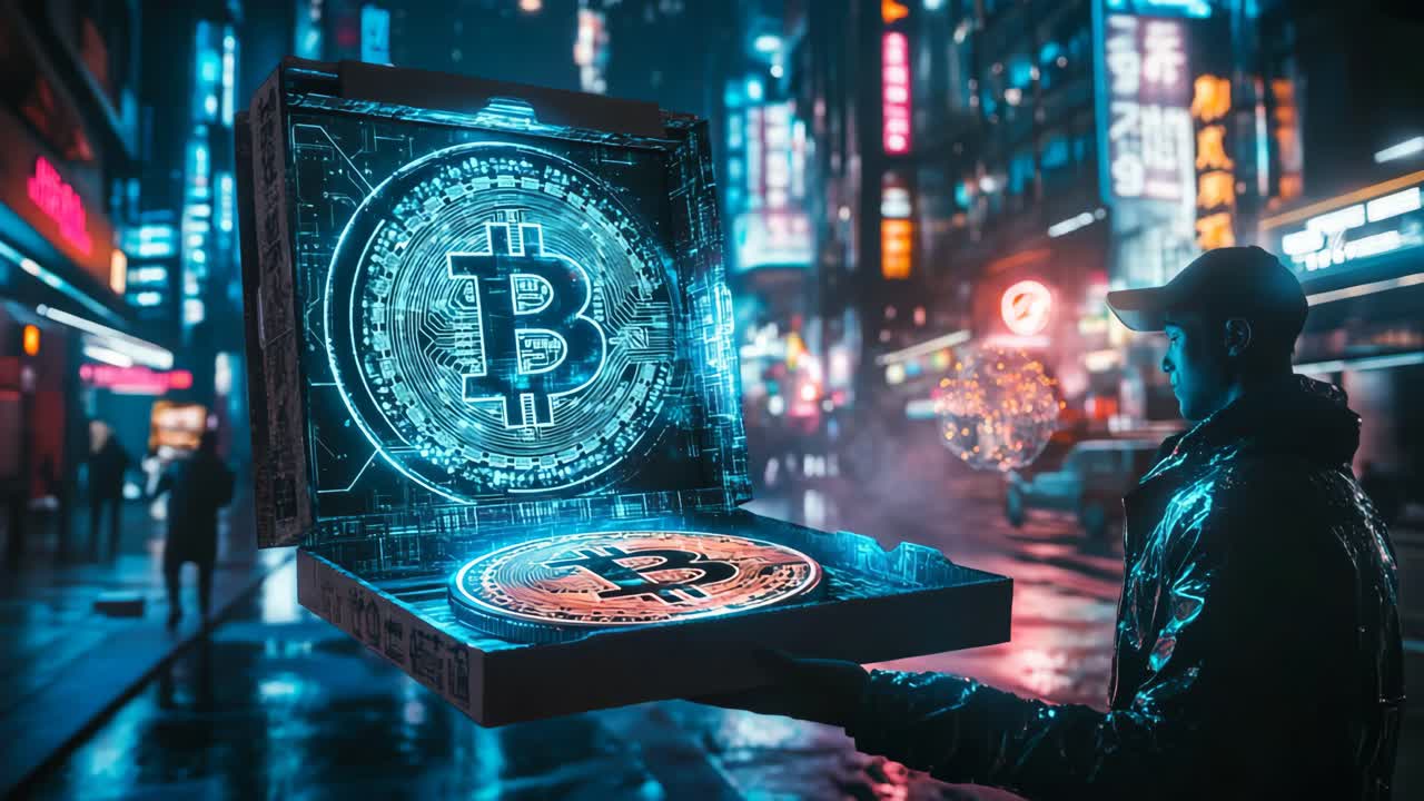Bitcoin Pizza Delivery in a Futuristic Cyberpunk City