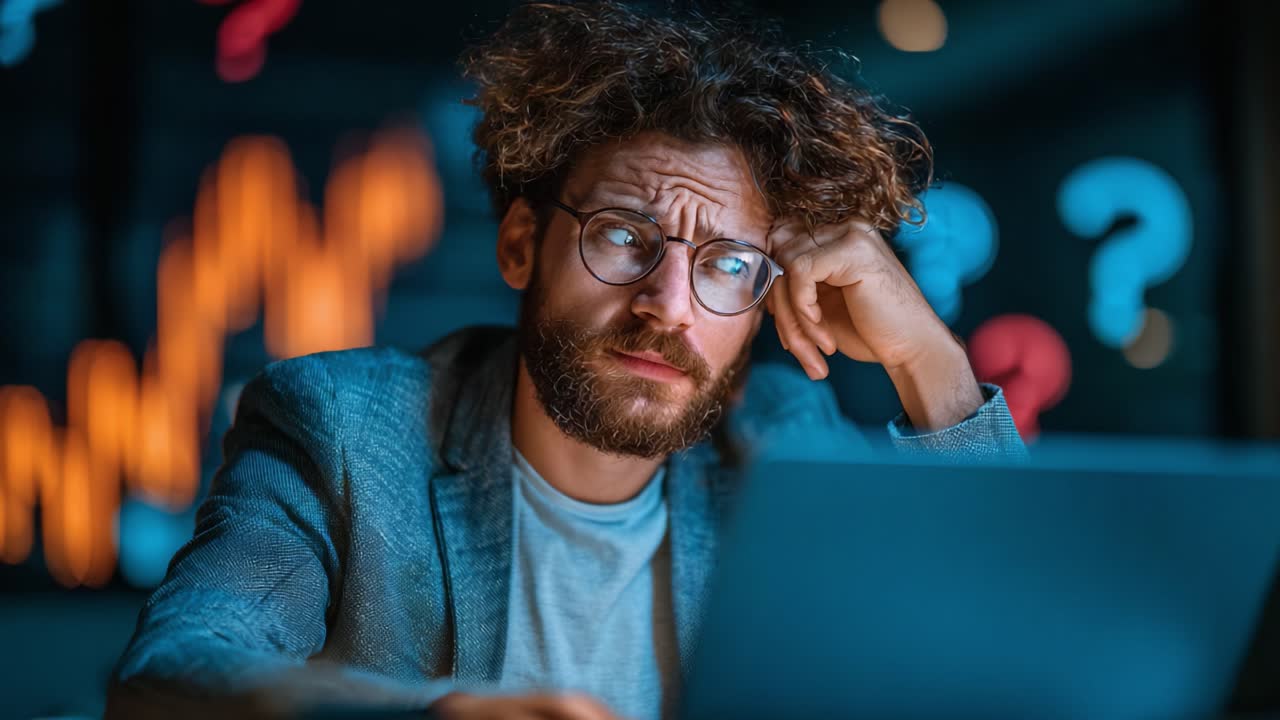 A Concerned Man Analyzing Data on a Laptop with a Pensive Expression Amidst Colorful Graphics Representing Questions and Uncertainties