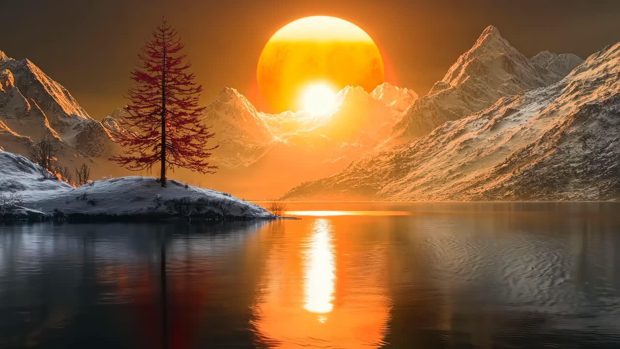 A red moon is in the sky above a lake. The lake is surrounded by mountains. The scene is peaceful and serene