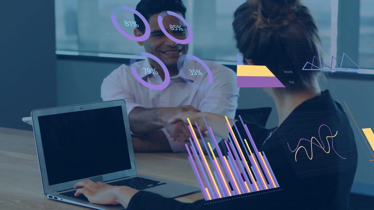 Man initiating handshake while woman typing on laptop, business charts animating and closing deal