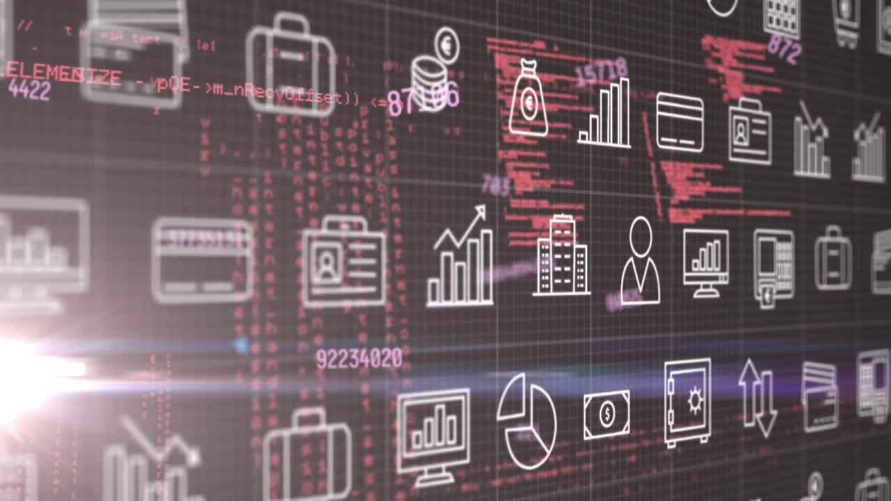 animación de múltiples números cambiantes e iconos digitales contra el procesamiento de datos y el punto de luz.