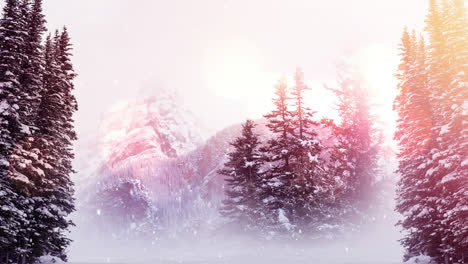 Spots-of-light-and-snow-falling-over-winter-landscape-with-mountains-and-trees