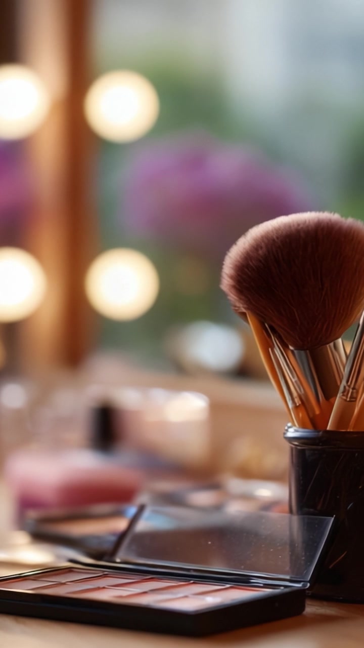 A Close-Up of a Makeup Station Featuring Brushes and Cosmetic Products Ready for Application in a Bright, Well-Lit Environment