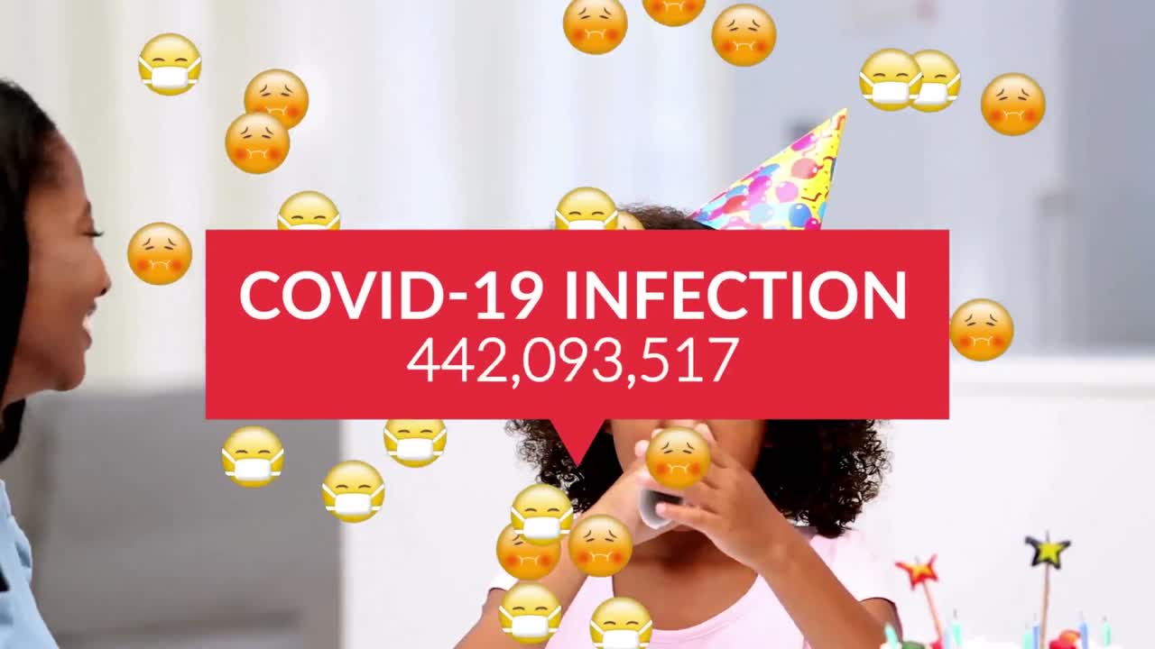 생일 파티에서 즐거움을 느끼는 가족을 가리키는 얼굴 마스크와 함께 여러 개의 아픈 이모티콘의 애니메이션