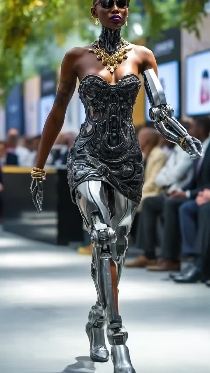 Udsmykket cyborg catwalkmodel i sort panserkjole udendørs