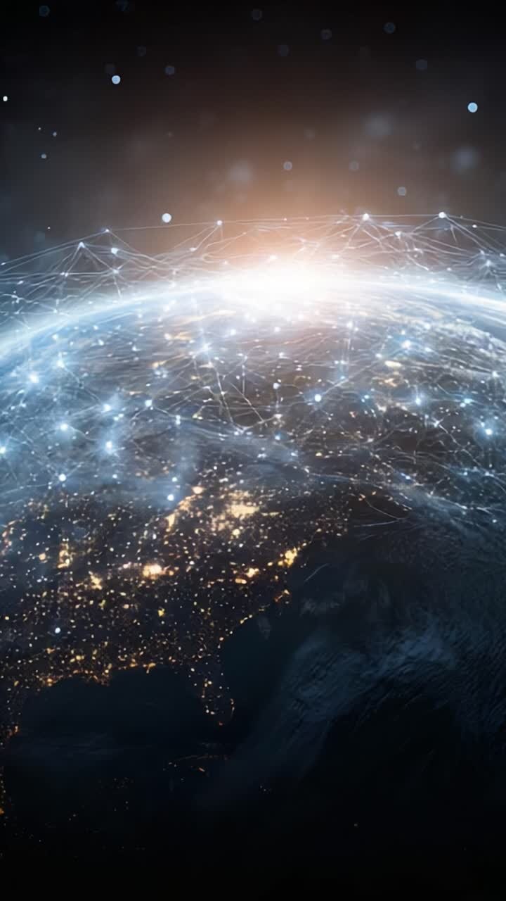 Uma impressionante representação visual da Terra iluminada à noite, apresentando padrões de luz dinâmicos e uma rede de conexões que destacam a interconectividade global