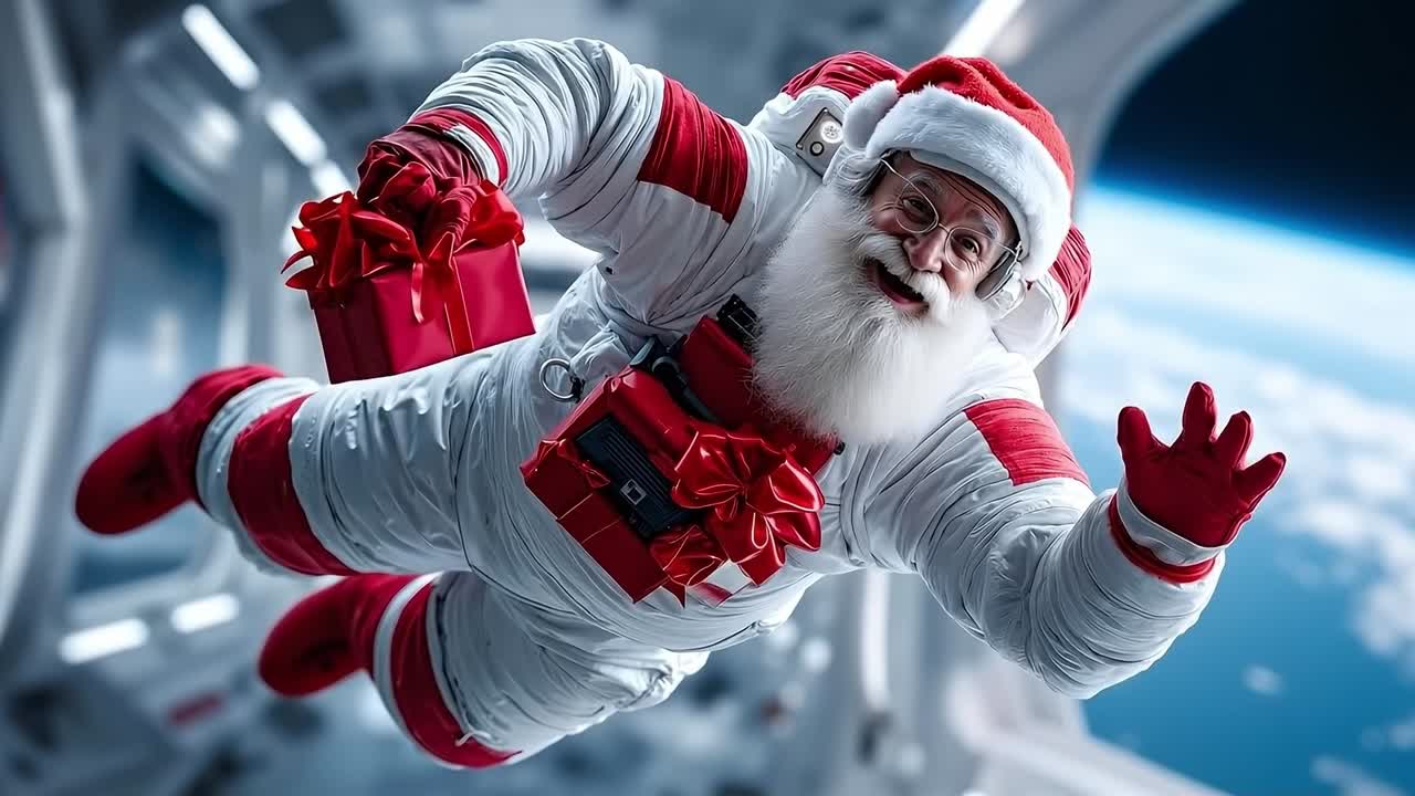 A man dressed as Santa Claus flying through the air with a gift in his hand