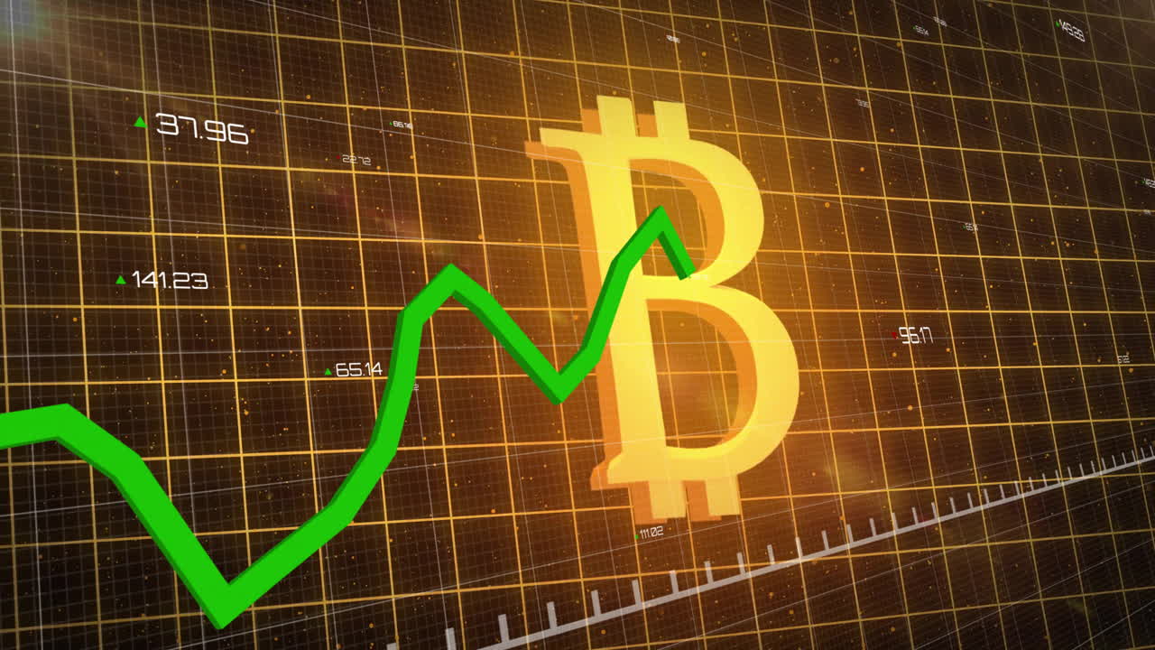 Animation of green line and financial data processing over bitcoin sign