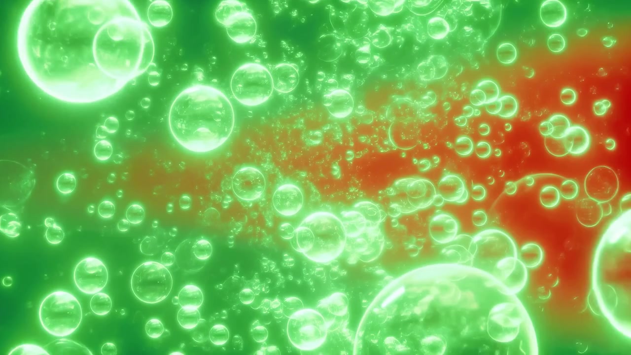 Bolhas esféricas translúcidas de tamanhos variados flutuam sobre um fundo gradiente de verde a vermelho, com esferas luminosas em primeiro plano, profundidade em camadas, reflexos suaves, cores vívidas e um elemento decorativo abstrato.
