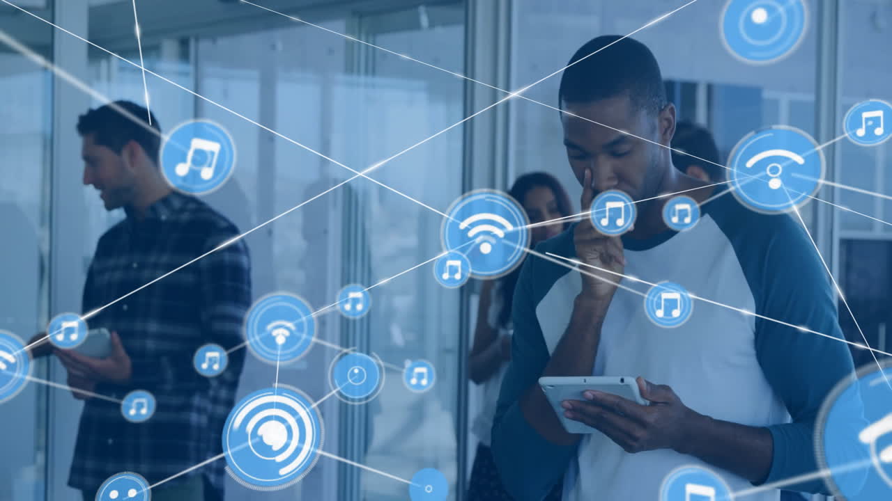 Animation of network of connections with wifi icons over diverse business people with tablets