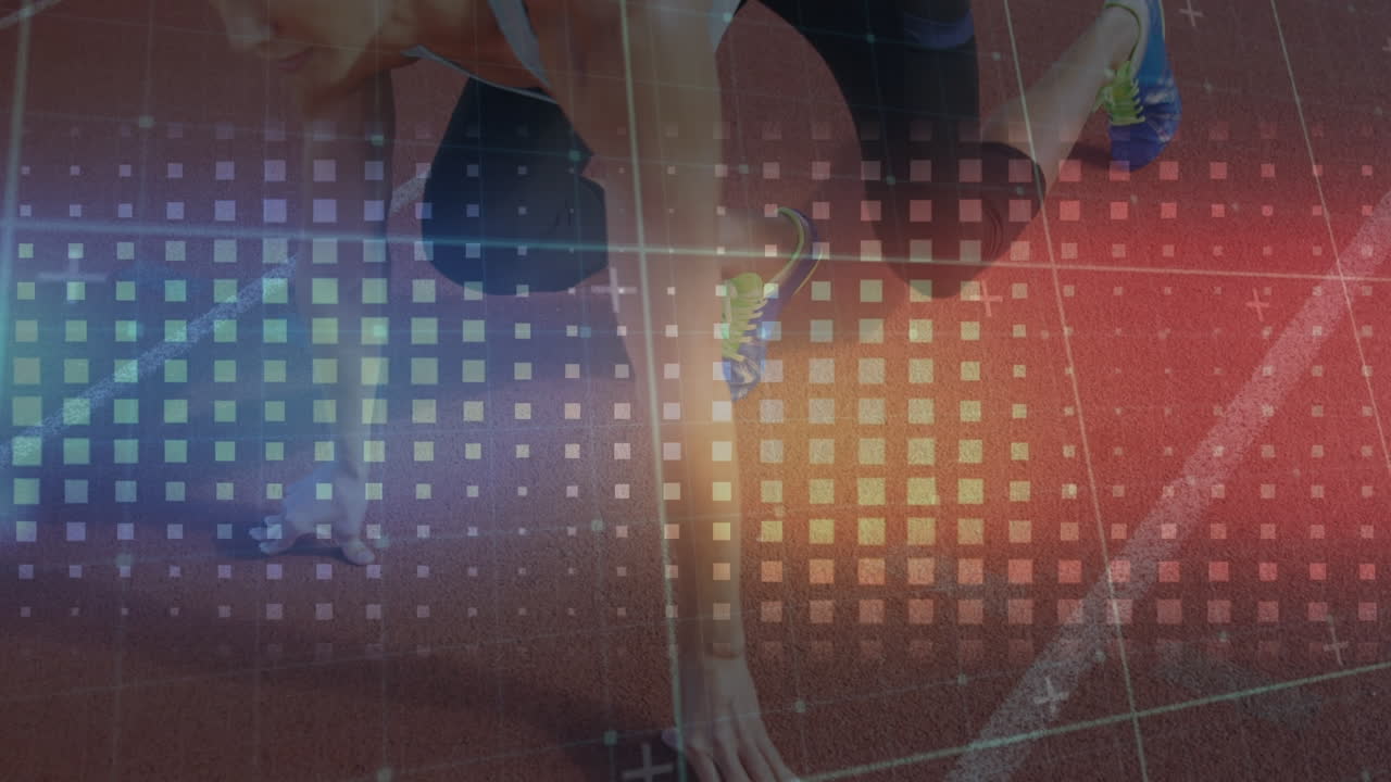 경기장에서 달리기를 준비하는 백인 여성 위의 디지털 화면에 있는 점들의 애니메이션