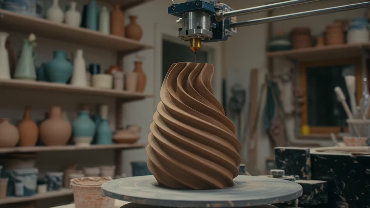 Crafting a Beautiful Swirled Ceramic Vessel Using Advanced Technology in a Cozy Pottery Studio