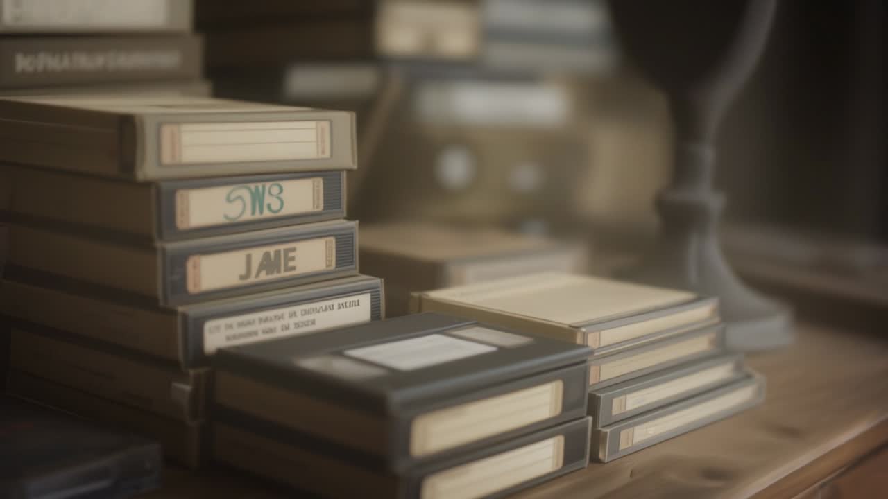 Camera starting panning on office desk revealing VHS cassettes and metal lamp, copy space