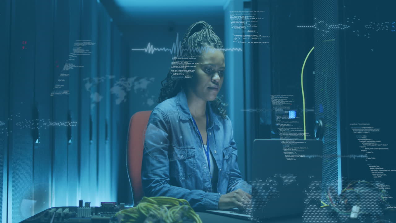 Animation of data processing over african american it woman by computer servers