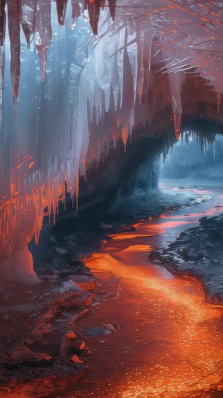 Vertical video: Molten lava melting ice stalactites and dripping into river illuminating ice cavern