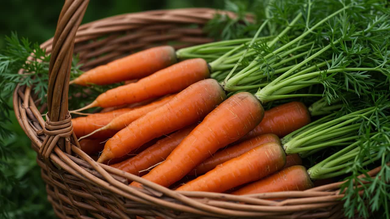 Raccolto di carote fresche e vivaci: un cesto rigoglioso pieno di carote croccanti e arancioni e verdure a foglia verde, che mette perfettamente in risalto l'abbondanza della natura e la freschezza della fattoria.