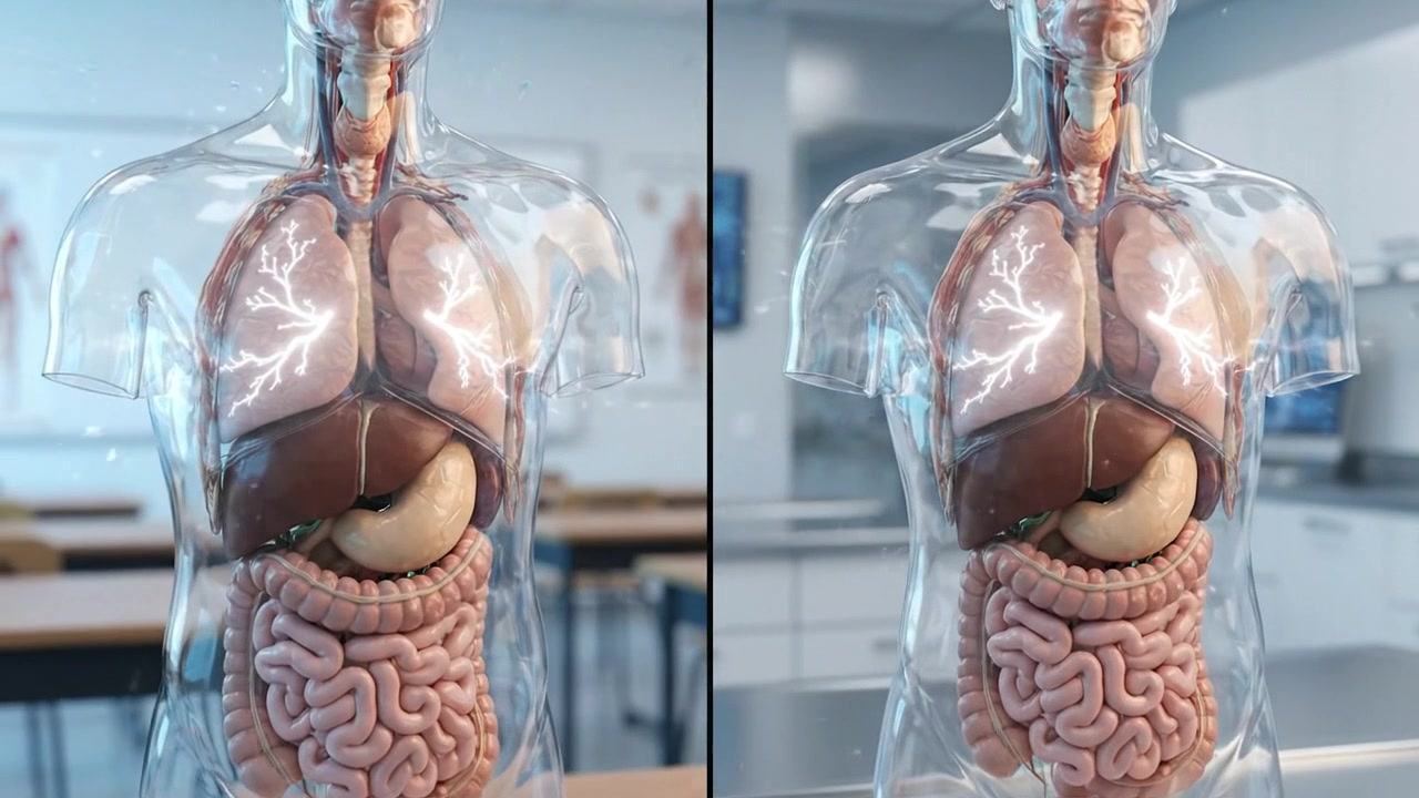 Dual view transparent human torso anatomy models displayed inside bright medical classroom
