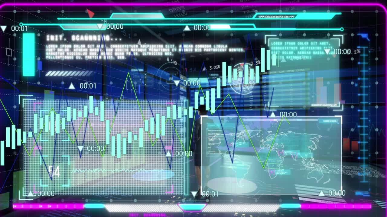 Animation of data processing over caucasian businesswoman