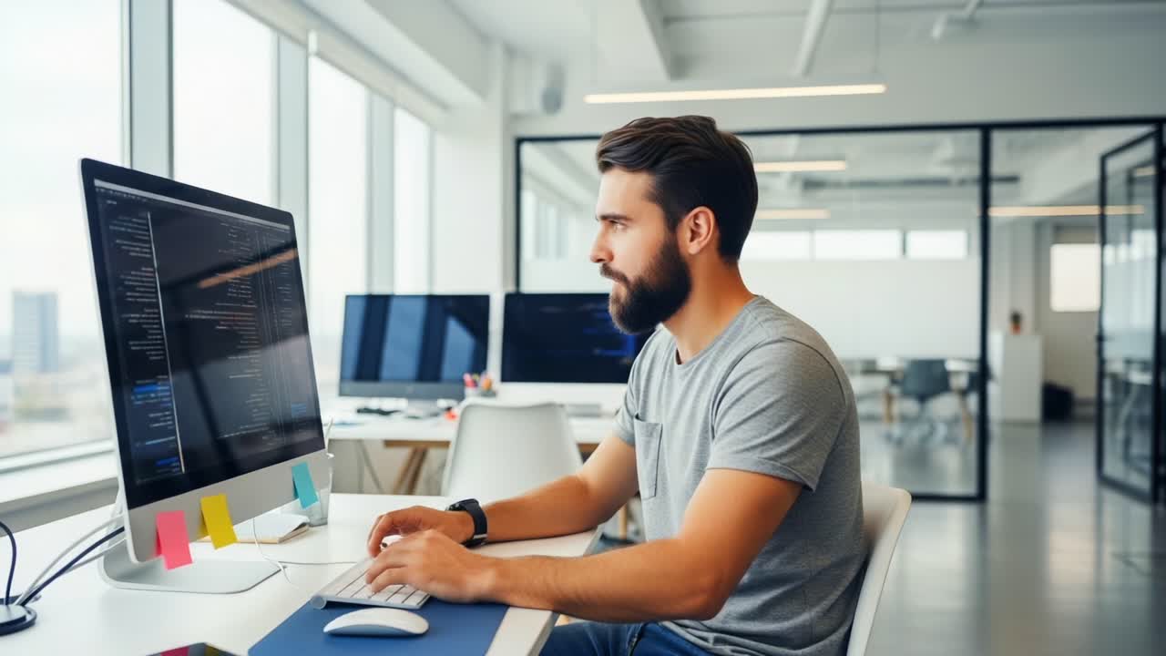 Focused Programmer Working on Code at a Modern Office Workspace, Featuring Innovative Technology and Creative Design in a Bright Environment