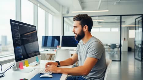 focused programmer working on code at a modern office workspace, featuring innovative technology and creative design in a bright environment