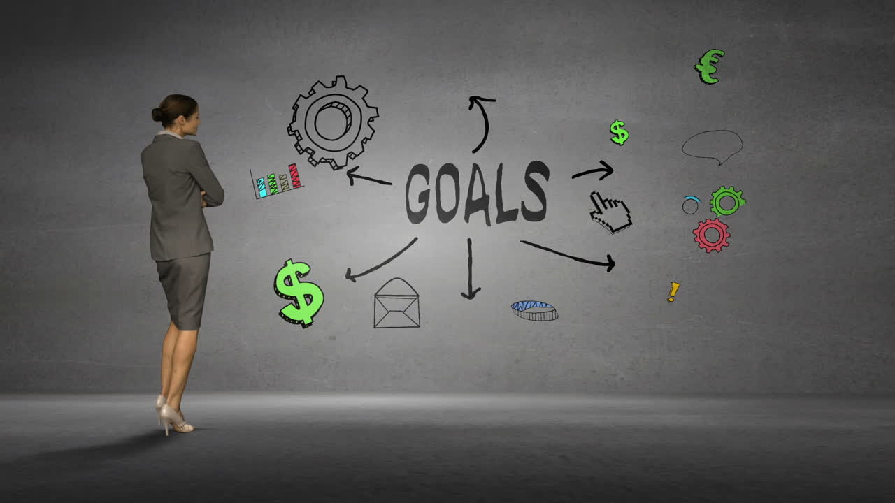 mujer de negocios mirando a la pared con metas tormenta de ideas