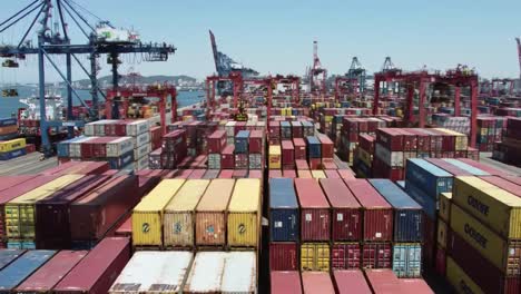 stacks of colorful shipping containers fill a busy port, with cranes lifting cargo under a clear sky. the impressive activity highlights global trade in action.