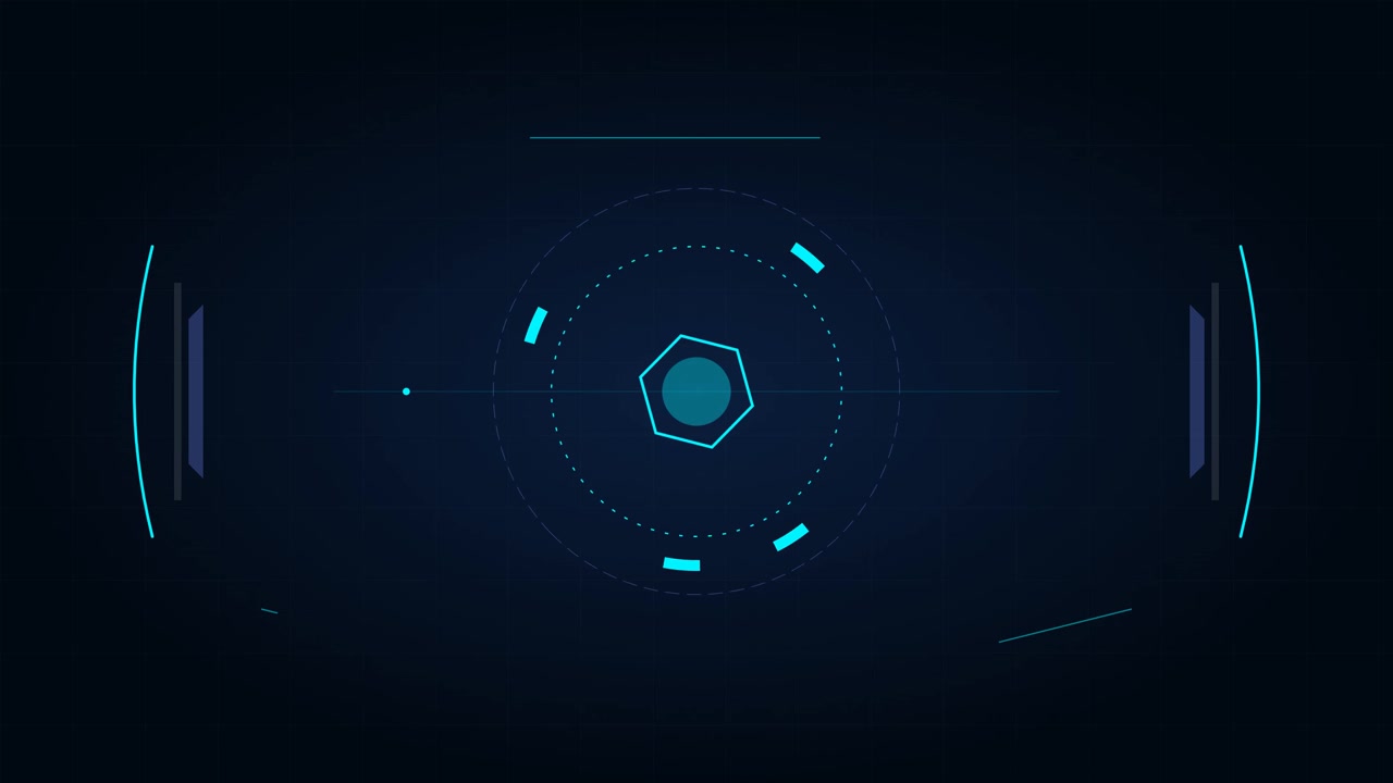 Futuristic Digital HUD Interface with Rotating Hexagon Element
