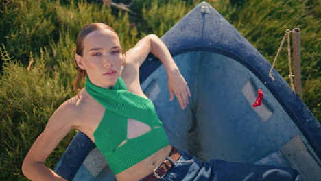 sexy girl posing field in fishing boat closeup. fashion model resting summer