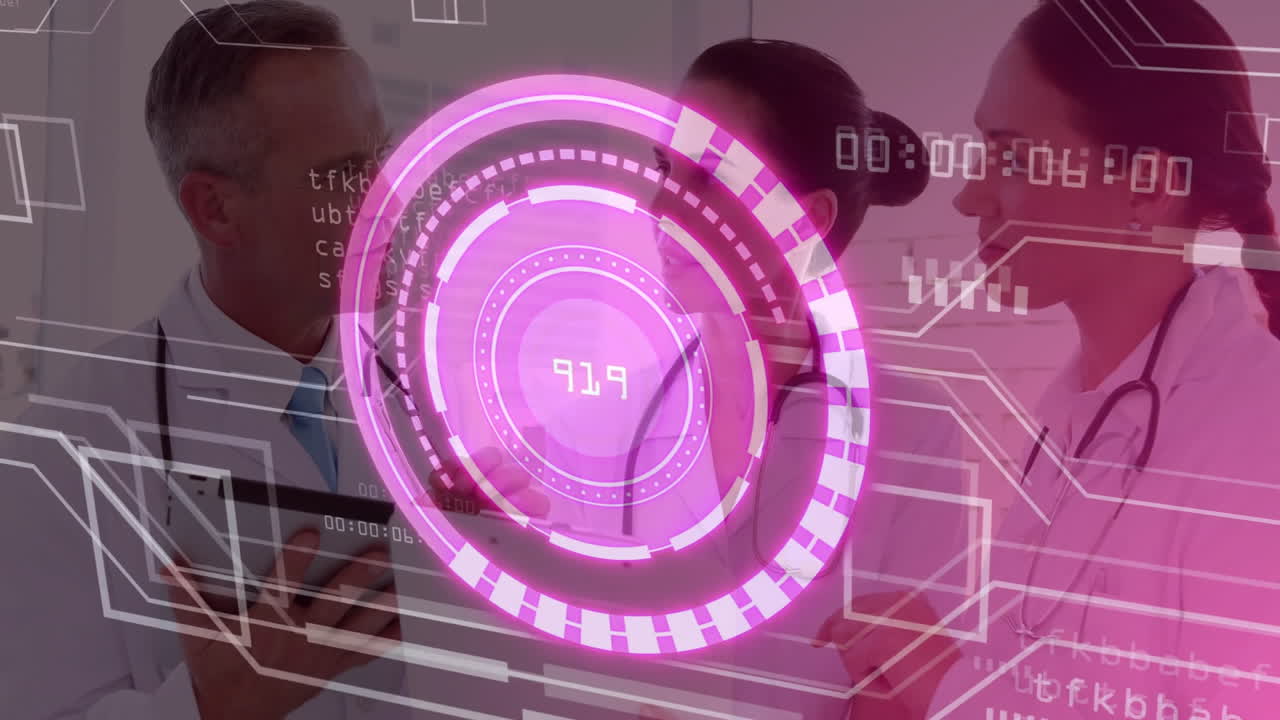 Discussing medical data, doctors using animation with futuristic digital interface