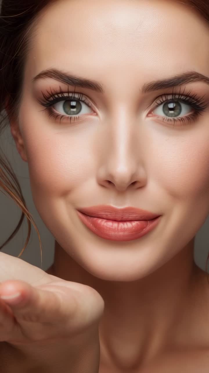 Vertical video: Puckering woman holding right hand in studio moving into smile sending kiss, makeup