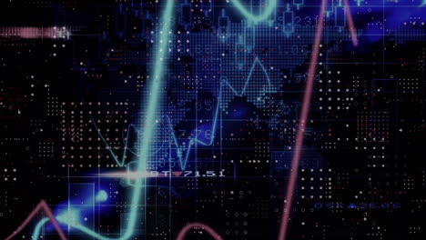 animación del procesamiento de datos financieros sobre el mapa del mundo sobre un fondo oscuro