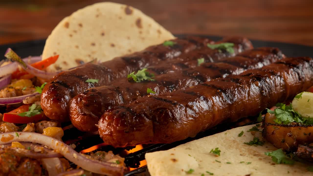 Sizzling sausage kebabs on grill for cooking, while steam rising, with onion pepper mixture