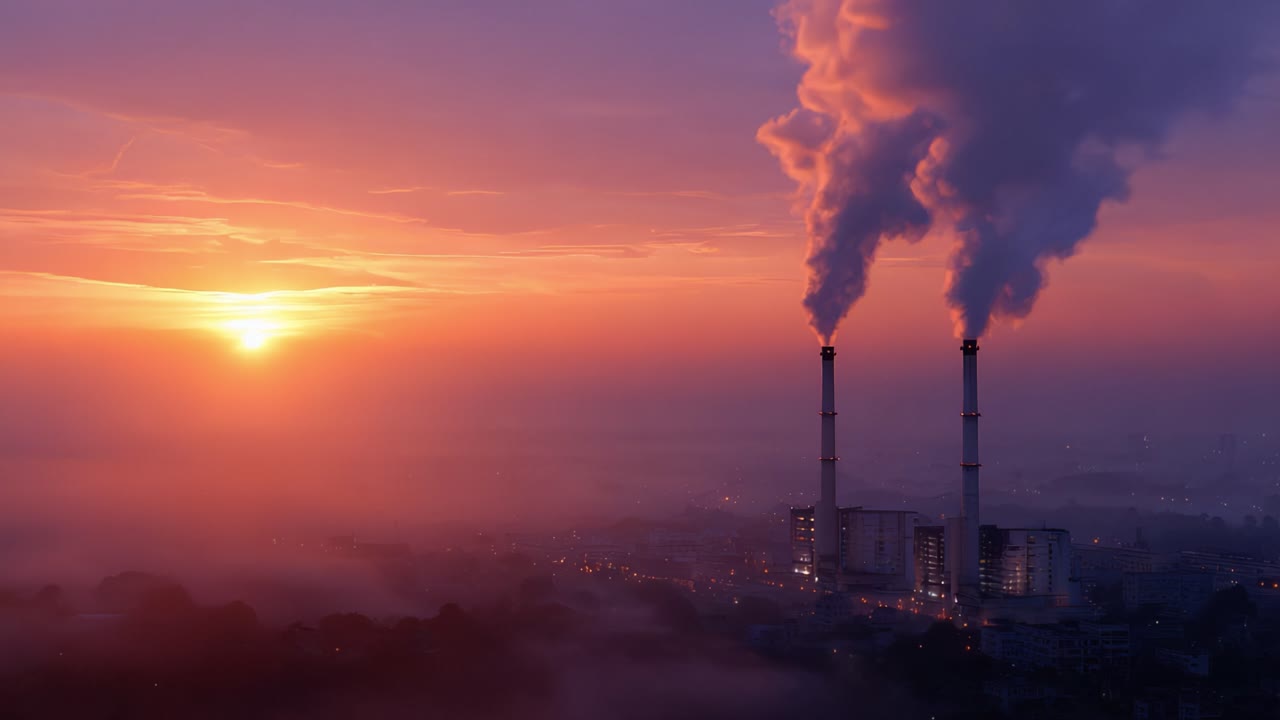 Un'alba serena illumina il paesaggio industriale, evidenziando i camini che emettono vapore e fumo contro un cielo vibrante e colorato nelle prime ore del mattino.