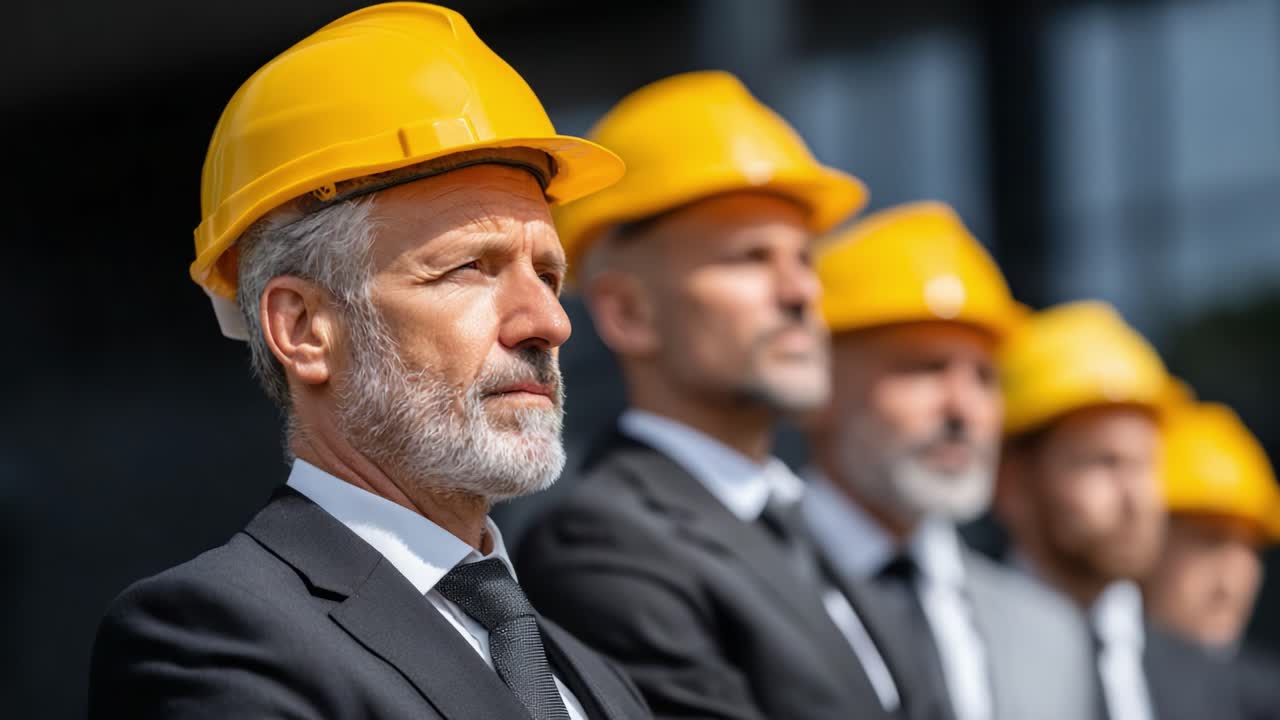 A group of professionals in formal attire and hard hats stands in solidarity, embodying teamwork and concentration in a construction or engineering environment