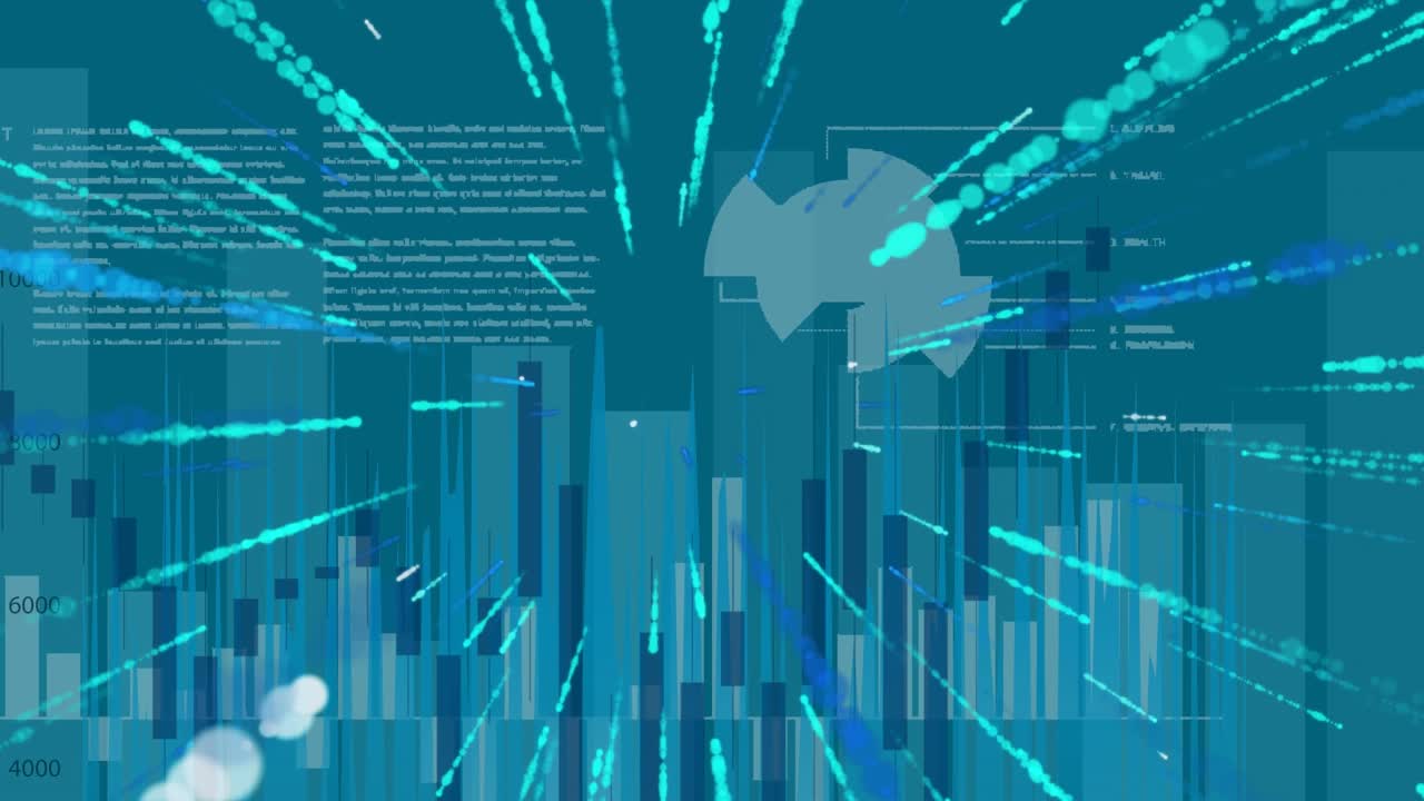 Animation of light trails and data processing over blue background