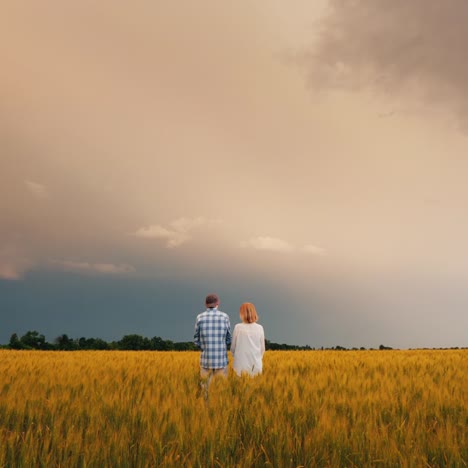 un hombre y una mujer se paran en un campo de trigo contra un cielo tormentoso donde se ven relámpagos
