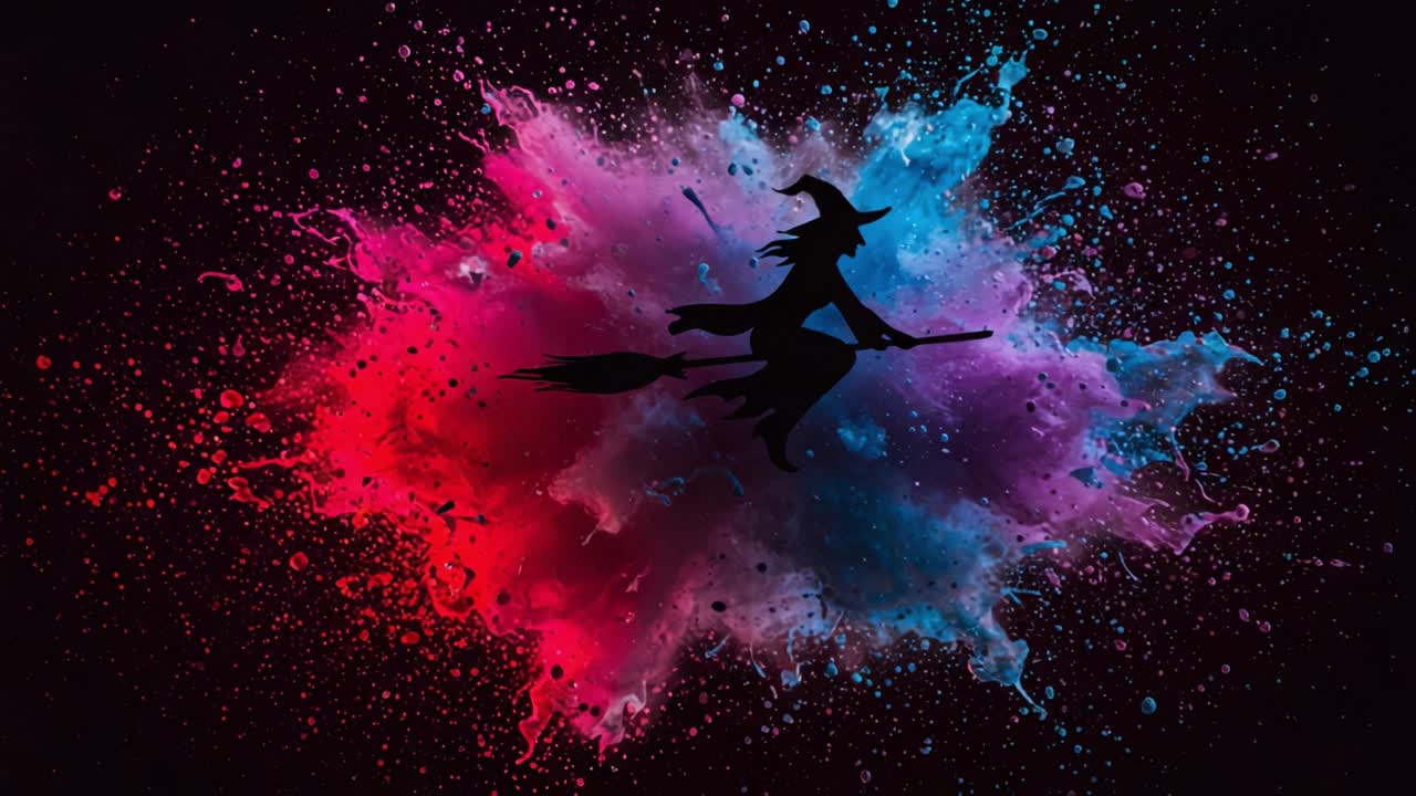 A vibrant and enchanting depiction of a witch flying through a colorful explosion of splashes, combining magical elements with dynamic artistic expression